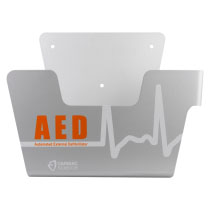 silver metal bracket for a defib to sit in. on the front in orage writing in says AED Automated External Defibrillator and in white wring it has the manufacturers logo and the words cardiac science