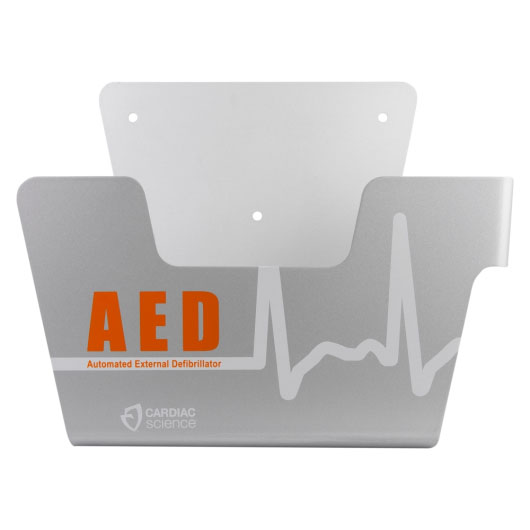 silver metal bracket for a defib to sit in. on the front in orage writing in says AED Automated External Defibrillator and in white wring it has the manufacturers logo and the words cardiac science