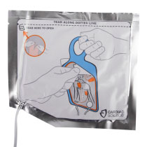 Cardiac Science Powerheart G5 adult defibrillator pads with pictorial instructions of where to place the pads and how to open the pads, with the connector cable out of one of the corners