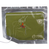 a silver foil pouch with a green label on the front with a drawn image of a male torso showing the correct placement of the cpr device