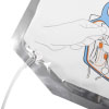 close up a silver foil packet with a white wire connected to it, there is an infographic to show correct pad placement on a human torso 