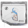 a silver foil packet with a white wire connected to it, there is an infographic to show correct pad placement on a human torso 