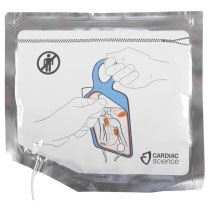 Stjg5Atpads Cardiac Science Powerheart G5 Defibrillator Adult Training Pads Front a silver foil packet with a white wire connected to it, there is an infographic to show correct pad placement on a human torso