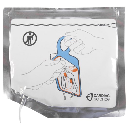 Cardiac Science Powerheart G5 Defibrillator Adult Training Pads Cardiac Science Powerheart G5 defibrillator adult training pads packet front showing hands holding illustrated instructions