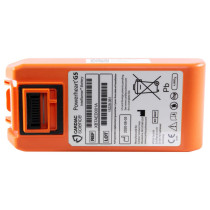 orange cardiac science defibrillator battery with a white label with the manufacture name, address, date of manufacture and safe disposal instructions
