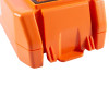 close up for the clip of an orange defibrillator battery