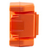 a close up for the end of an orange block battery for a defibrillator