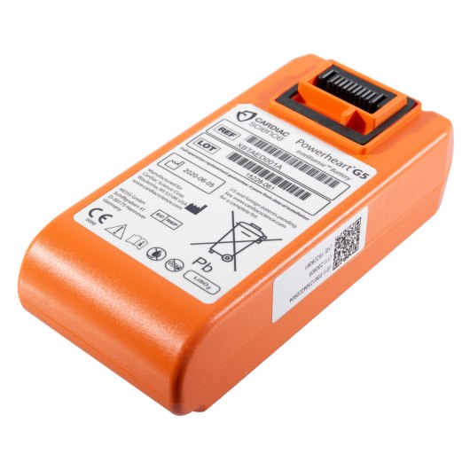 Cardiac Science Powerheart G5 4 Year Battery Back Angled view of the cardiac science powerheart g5 4 year battery back showing label and connector port