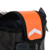 a close up image of the orange flap with a directional white arrow to the direction it opens