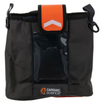 a front image of the cardiac science powerheart g5 black carry sleeve with orange flap and cardiac science logo
