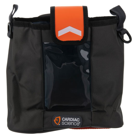 a front image of the cardiac science powerheart g5 black carry sleeve with orange flap and cardiac science logo