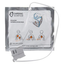 Stjg5Pedpads Cardiac Science Powerheart G5 Paediatric Defibrillator Pads Front a front image of the cardiac science powerheart g5 paediatric defibrillator pads and the connector with pictorial instructions on how to use the electrodes