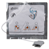 Stjg5Pedtpads Cardiac Science Powerheart G5 Defibrillator Paediatric Training Pads Front a silber foil packet with a white label with cardiac science in the top left hand corner there is a drawn image of a young male showing the correct pad placement to aid in training