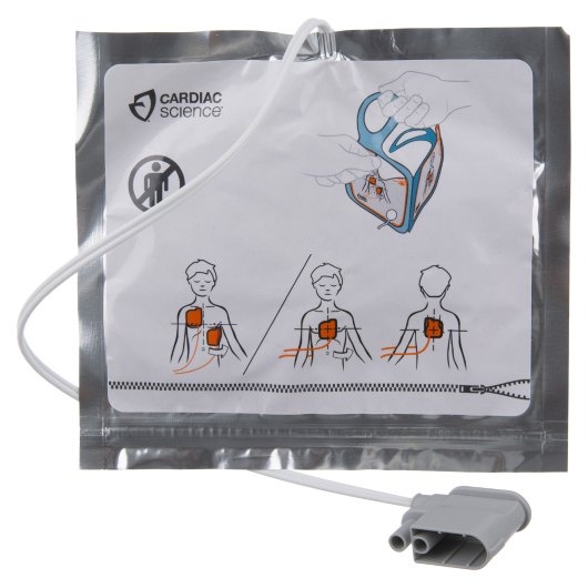 Cardiac Science Powerheart G5 Defibrillator Paediatric Training Pads Cardiac Science Powerheart G5 defibrillator paediatric training pads with instructional diagrams on a sealed package front