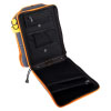 a shot showing the inside compartments of the bag and where the AED can fitted in securely for transportation to an emergency including additional pockets for spares and replacement accessories