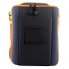 Back view of cardiac science powerheart g5 premium carry case showing black and blue fabric with orange trim
