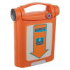 an angled view of an orange defibrillator trainer unit mimicking a cardiac science powerheart g5
