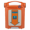 a front view of the cardiac science powerheart g5 trainer unit in orange and white with a downwards directional arrow 