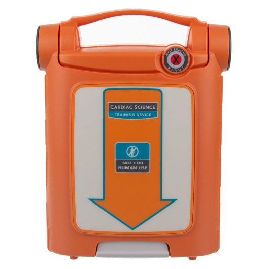 a front view of the cardiac science powerheart g5 trainer unit in orange and white with a downwards directional arrow 
