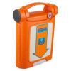 Orange Cardiac Science AED training device with a large downward arrow on the front and labels indicating it is a training unit not for human use.