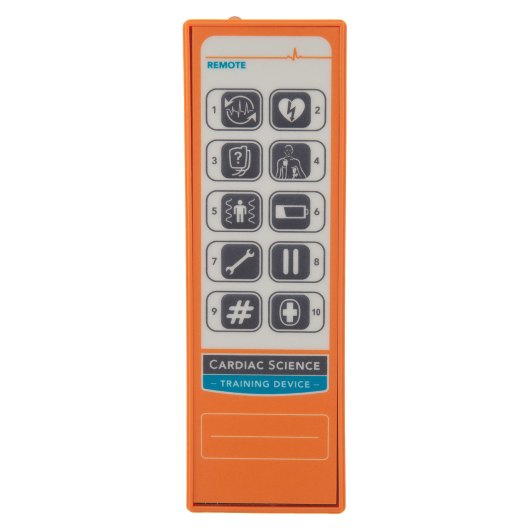 Cardiac Science g5 trainer unit remote control with labelled buttons and orange casing