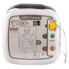 Front view of an AED Trainer showing step‑by‑step icons, pad‑placement diagram, coloured control buttons, and a yellow connector cable