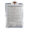 Sealed silver and white package of AED training pads with a pull tab and multilingual printed instructions for training use