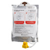 Sealed silver package of AED Trainer replacement pads showing two diagrams explaining how to detach and insert pads using connecting pins