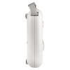 de profile of a white handheld electronic device with a grey strap and two small circular components on the top and bottom edges