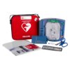 philips heartstart hs1 defibrillator with carry case showing device, red carry case, battery, scissors, and instruction manual