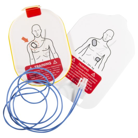 philips heartstart hs1 adult training pads showing the front side with diagrams and connected blue wires