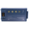 blue rectangular battery showing the CE mark, manufacture address, and lithium battery care symbols 
