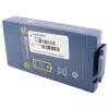 angled front shot of a blue lithium battery a white label on the front shows the install before date 