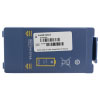 a front shot of a blue lithium battery with a white label showing the install before date
