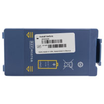 a front shot of a blue lithium battery with a white label showing the install before date