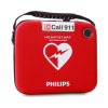 a front shot of the heartstart hs1 slim carry case with branding of heartstart and philips in white on a bright red case