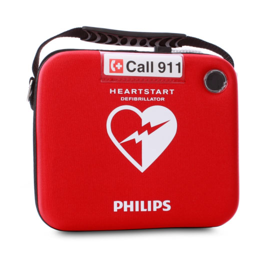 a front shot of the heartstart hs1 slim carry case with branding of heartstart and philips in white on a bright red case