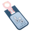 blue plastic card with an outline torso drawing to show correct pad placement a pink fob attached at the top