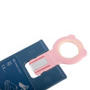 a close up of a blue plastic card with a pink fob attached at the top