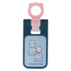 blue plastic card with an outline torso drawing to show correct pad placement a pink fob attached at the top