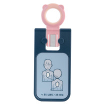 Stjhsfik Philips Heartstart Frx Defibrillator Infant Child Key Front blue plastic card with an outline torso drawing to show correct pad placement a pink fob attached at the top