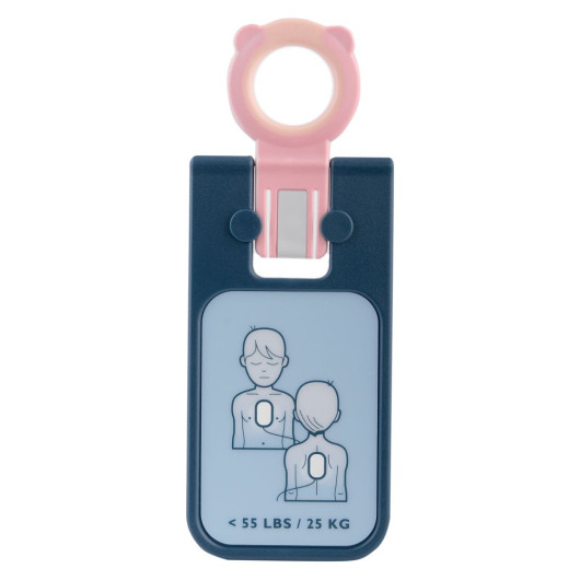 blue plastic card with an outline torso drawing to show correct pad placement a pink fob attached at the top