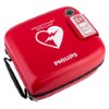 Red Philips Heartstart FRx defibrillator carry case shown from an angled view with a handle and call 011 label