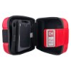 Open philips heartstart frx defibrillator carry case showing inner compartments with call 911 label on strap