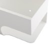 Closeup of a white philips heartstart defibrillator wall mount bracket showing the corner and mounting hole