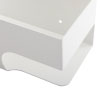 a close up of the curved corner of silver coloured wall bracket showing 1 of the 3 drill holes so it can be wall mounted suitable for fitting a philips hs1 branded defibrillator
