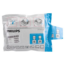 A front shot of the rectangular packaging for the Philips HeartStart HS1 Infant Child SMART pads show where the pads are stored on the AED and where the electrodes are to be placed on a child
