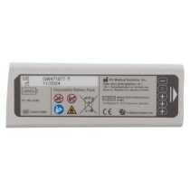 the front of a rectangular shaped light grey battery with black writing stating CU medical and the manufacture address along with safety instructions for safe disposal of a lithium battery