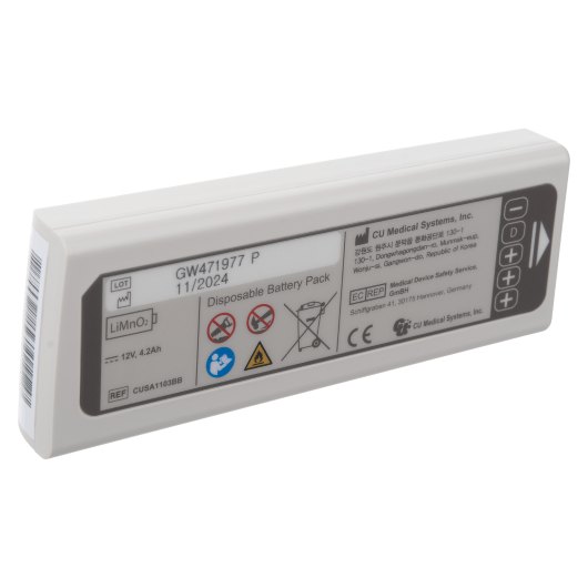 angled view of an ipad sp1 defibrillator battery pack showing labels and safety symbols