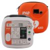 ipad aed front view showing device with labelled buttons and icons and an orange case in the background